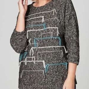 PureJill Artisanal Knit Stripes Gray cream teal Crew Sweater Size Small